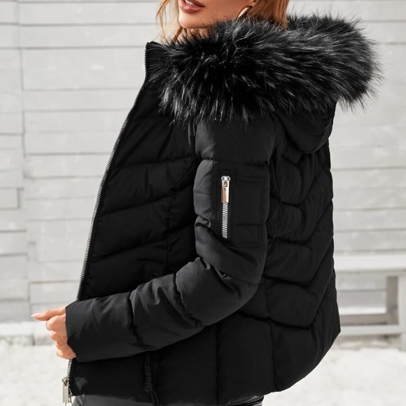 Cozy Zipper Vegan Fur Hooded Puffer Jacket Coat - Picture 5 of 15